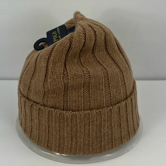 POLO RALPH LAUREN, LIGHT BROWN BEANIE, ONE SIZE FITS, 50% WOOL 50% NYLON, UNISEX - Picture 5 of 17